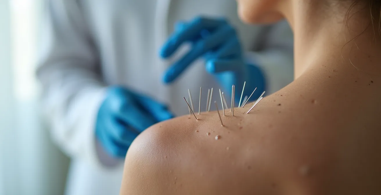 Médico colegiado aplicando acupuntura en consulta médica profesional en España