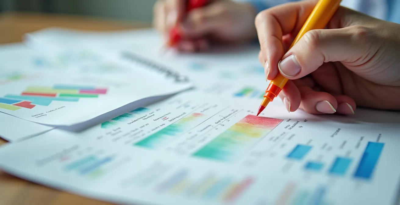 Manos organizando documentos médicos con marcadores de colores sobre mesa