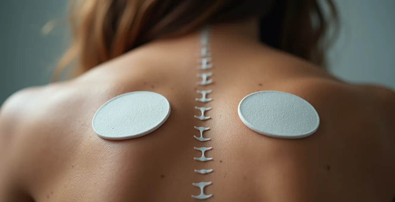 Electroestimulador TENS aplicado en la espalda baja para alivio del dolor lumbar crónico