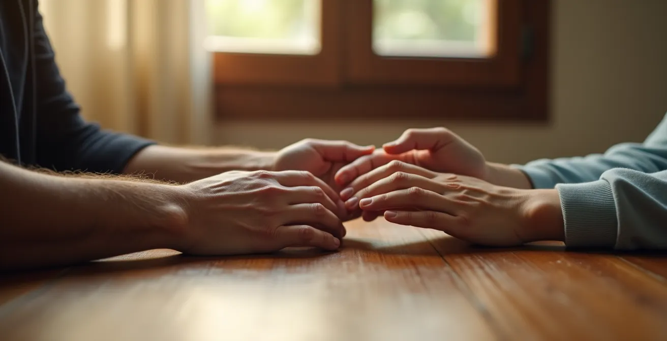 Primer plano de manos entrelazadas mostrando apoyo y conexión humana