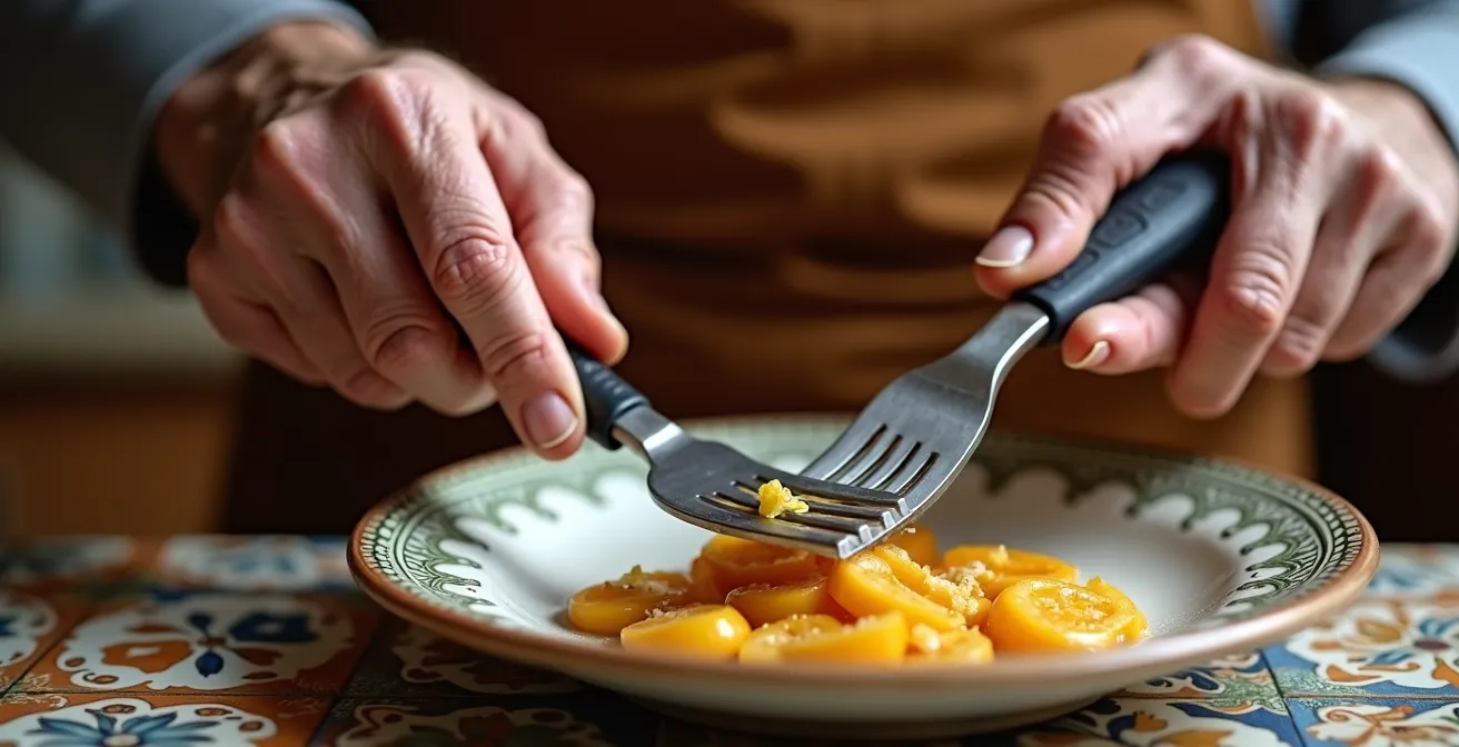 Primer plano de manos usando utensilios adaptados para comer con una sola mano