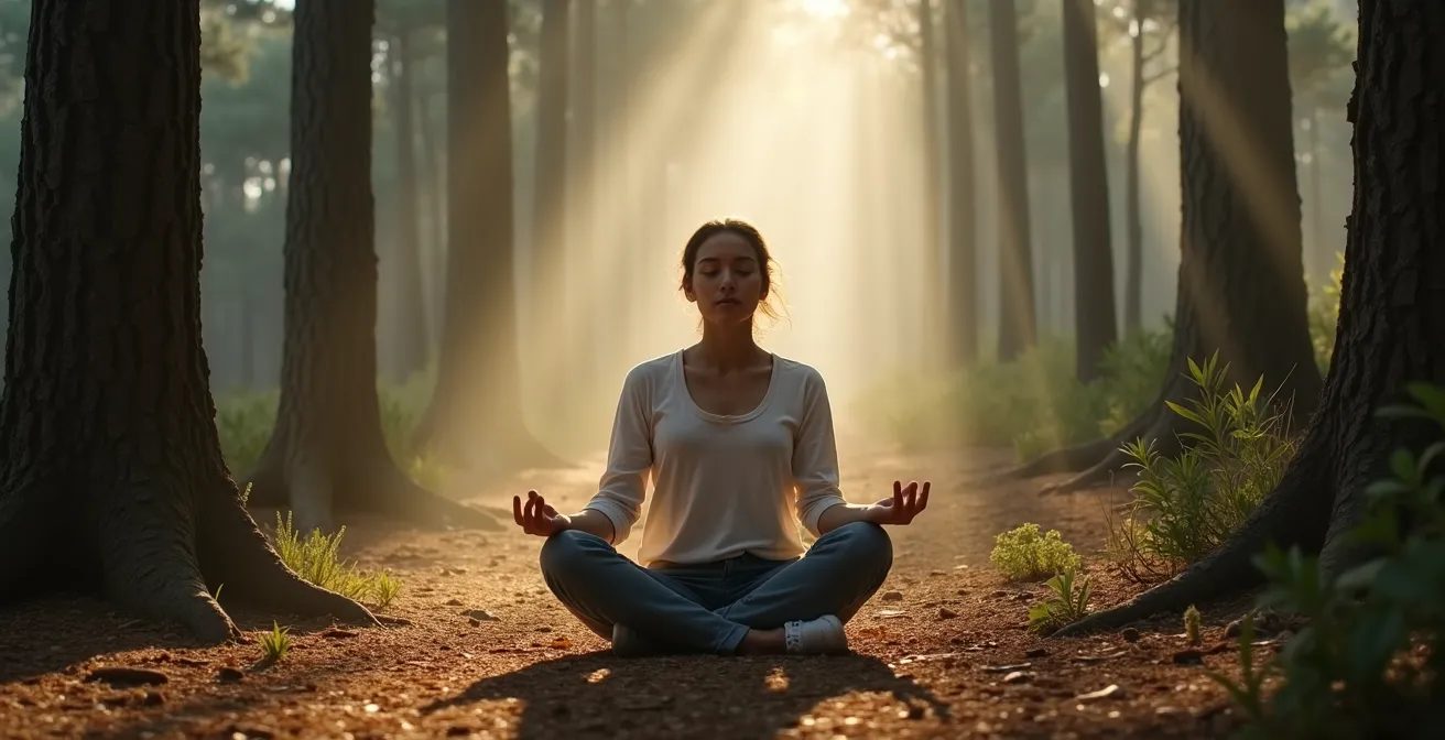 Persona meditando en un bosque de pinos mediterráneos con la luz filtrándose entre los árboles.