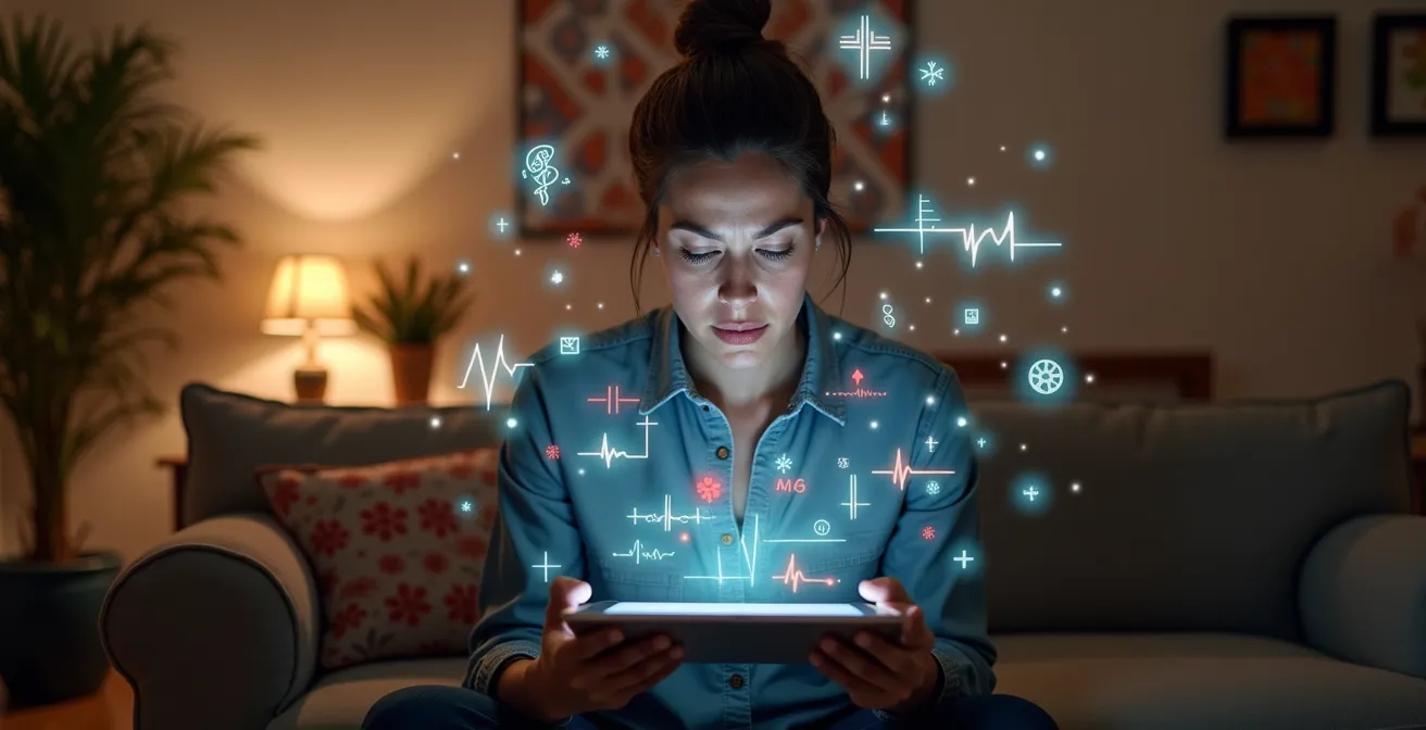 Persona usando tablet rodeada de símbolos médicos flotantes abstractos