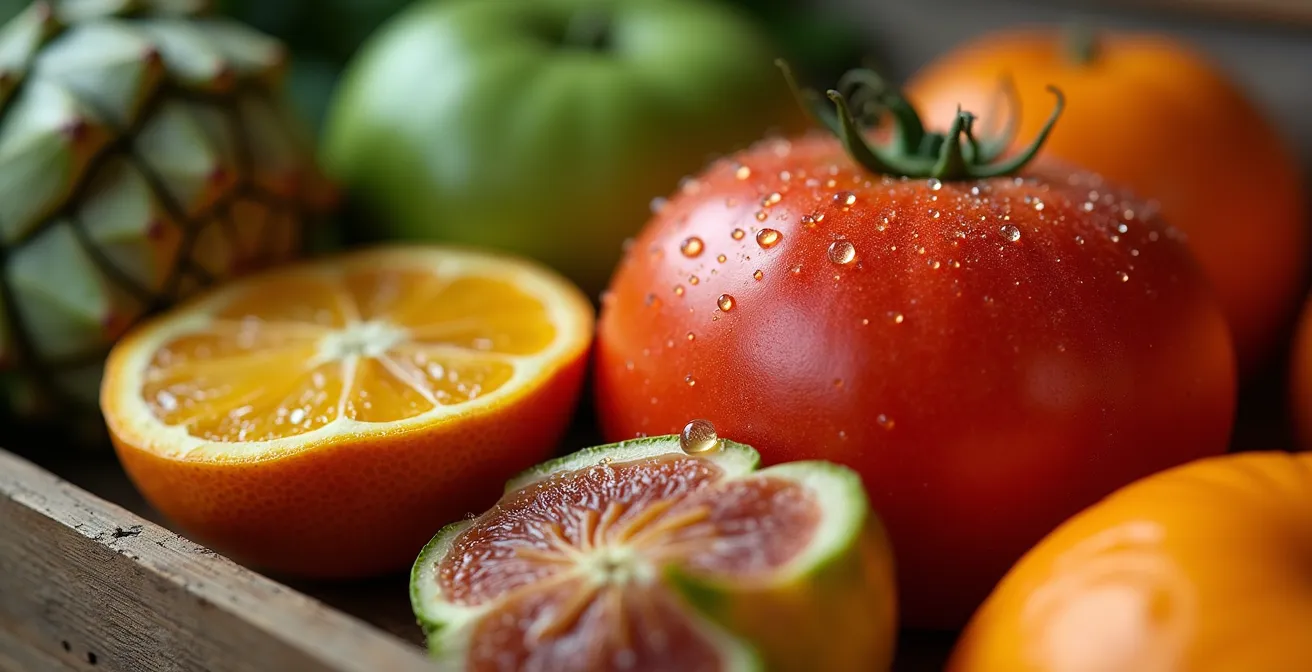 Vista cenital de frutas y verduras de temporada en mercado tradicional español