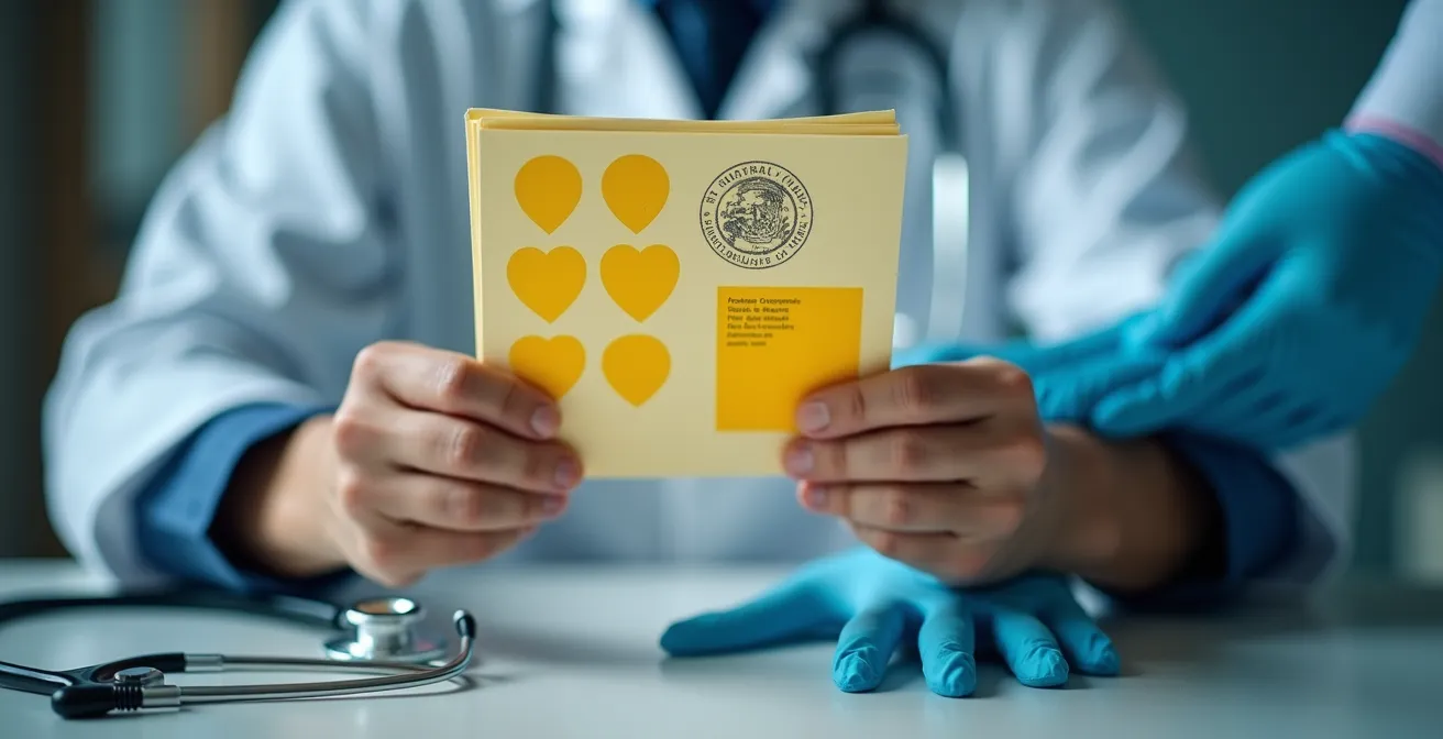 Manos de profesional sanitario revisando documentación de vacunación con sello oficial