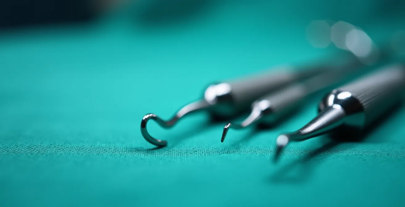 Detalle macro de instrumentos quirúrgicos de precisión para cirugía endoscópica de columna