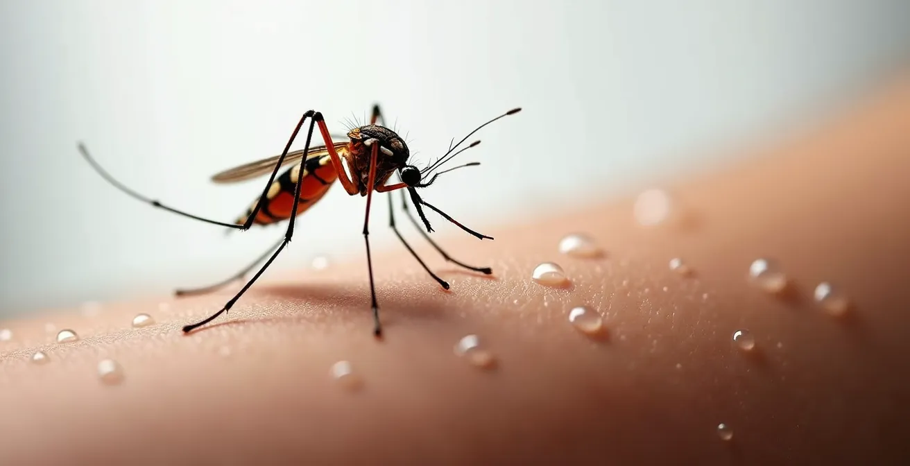 Aplicación correcta de repelente en brazo con mosquito tigre en segundo plano