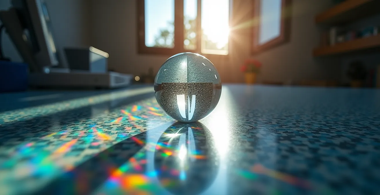 Representación visual abstracta de síntomas neurológicos temporales, comparando la dispersión de luz de un aura con las sombras de un AIT.