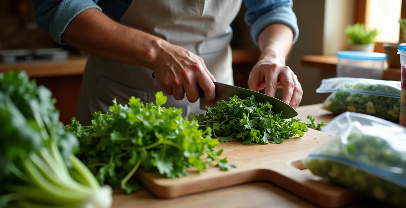 Proceso de preparación de verduras españolas de temporada para congelar en cocina doméstica