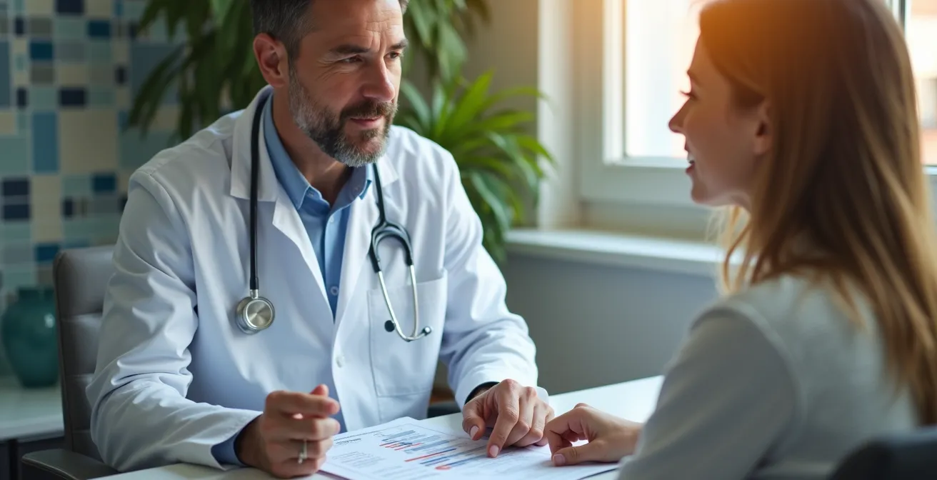 Profesional sanitario español revisando análisis de sangre con paciente en consulta
