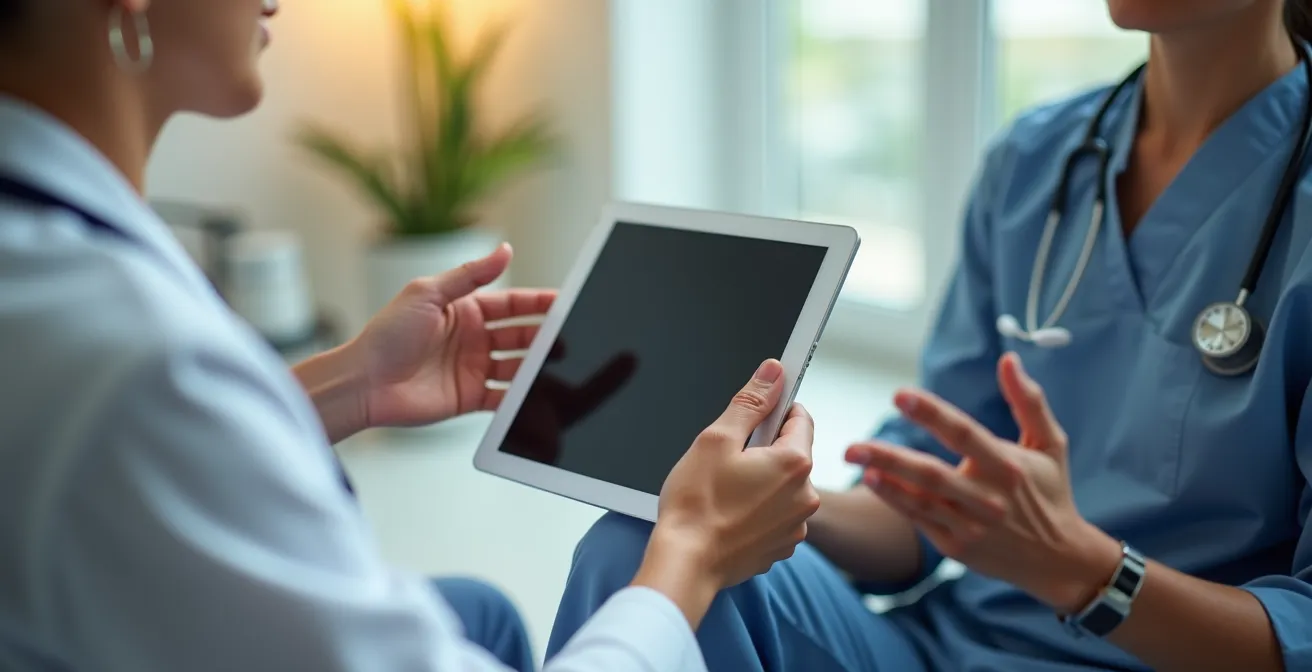 Consulta médica mostrando revisión de resultados analíticos