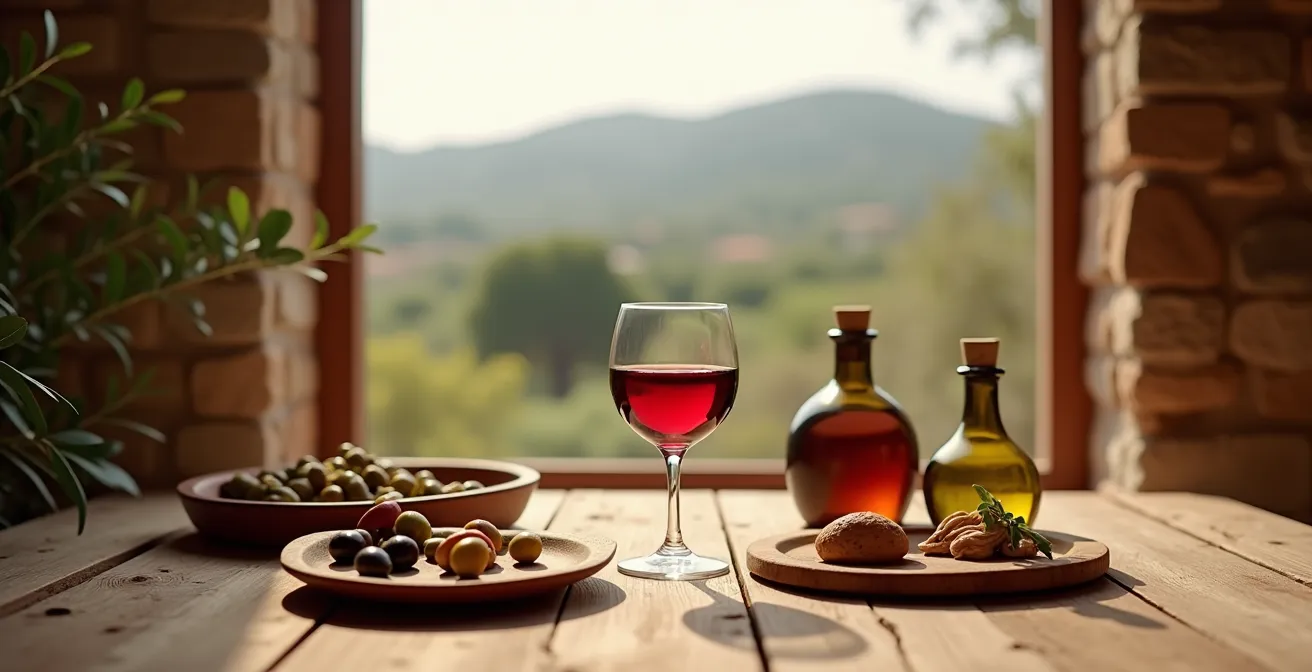 Copa de vino tinto con alimentos mediterráneos españoles en mesa rústica