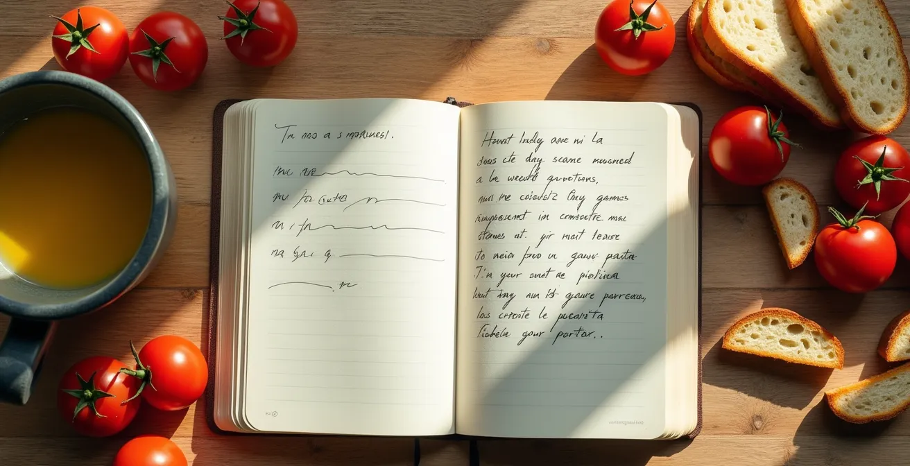 Vista cenital de un cuaderno abierto con anotaciones manuscritas junto a alimentos variados