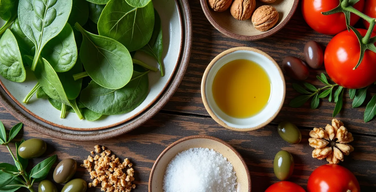 Mesa con productos típicos de la dieta DASH disponibles en supermercados españoles