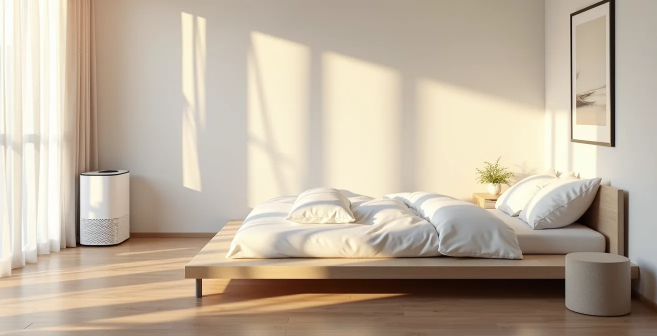 Dormitorio minimalista optimizado con purificador de aire para deportista con asma