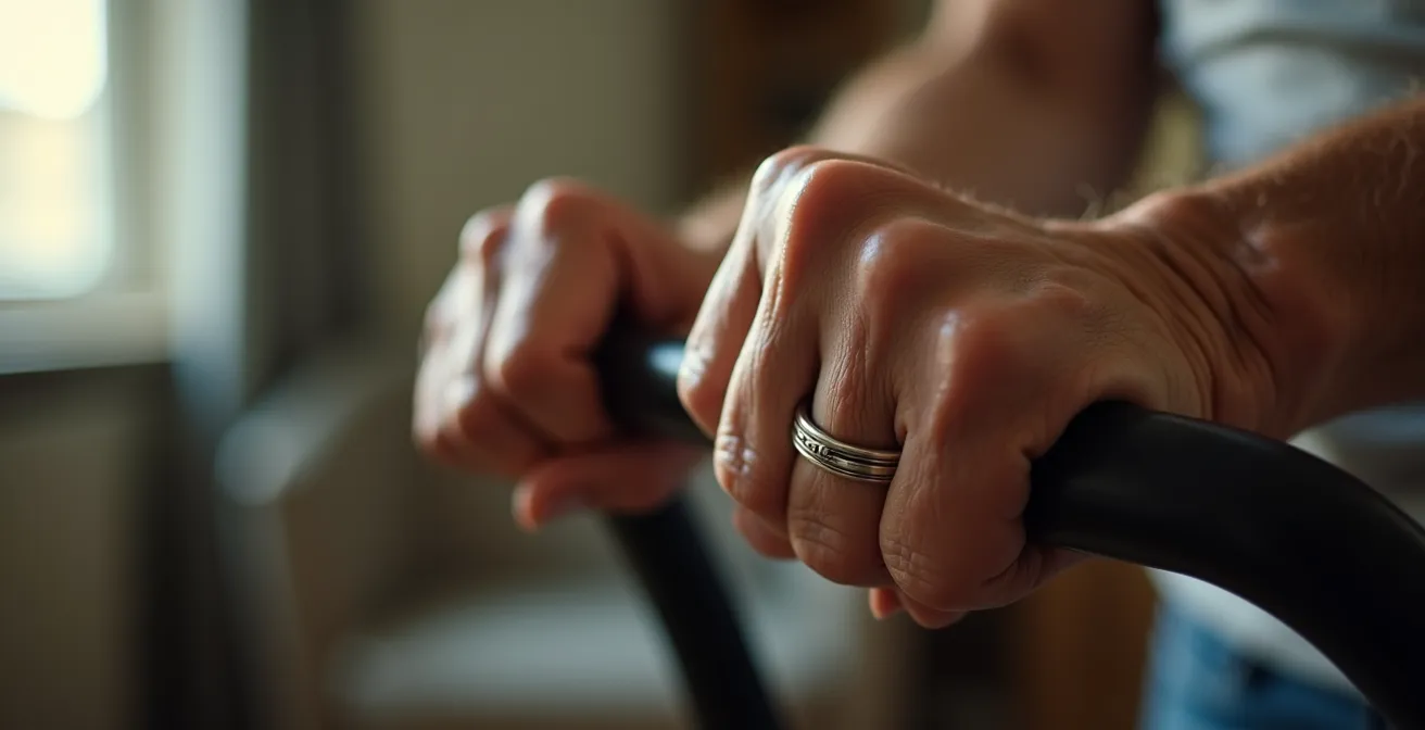 Persona mayor realizando ejercicios de equilibrio y fuerza en casa