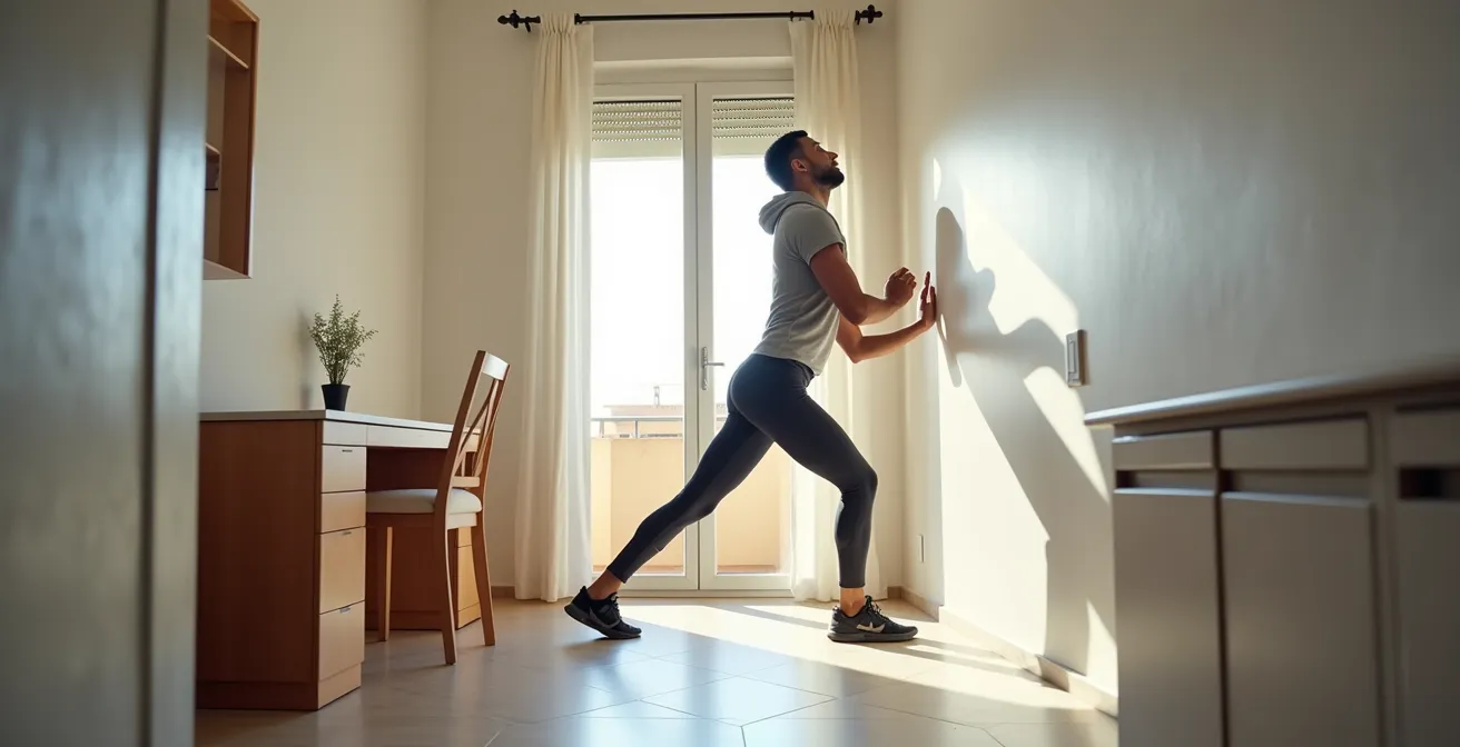 Profesional español realizando estiramientos en una oficina pequeña con espacio limitado.