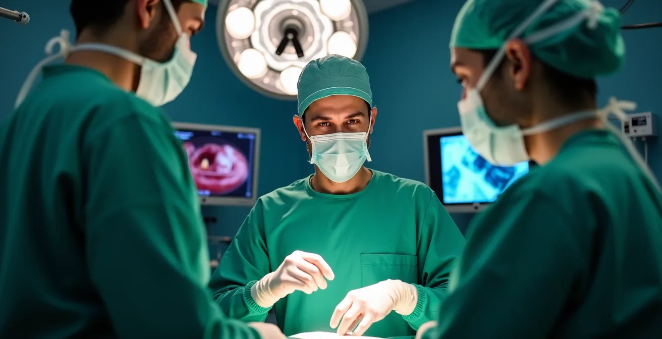 Equipo quirúrgico tomando decisión profesional durante cirugía laparoscópica en quirófano español