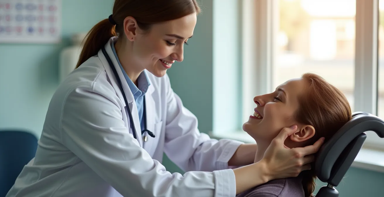 Profesional de salud realizando evaluación visual y postural en consulta médica