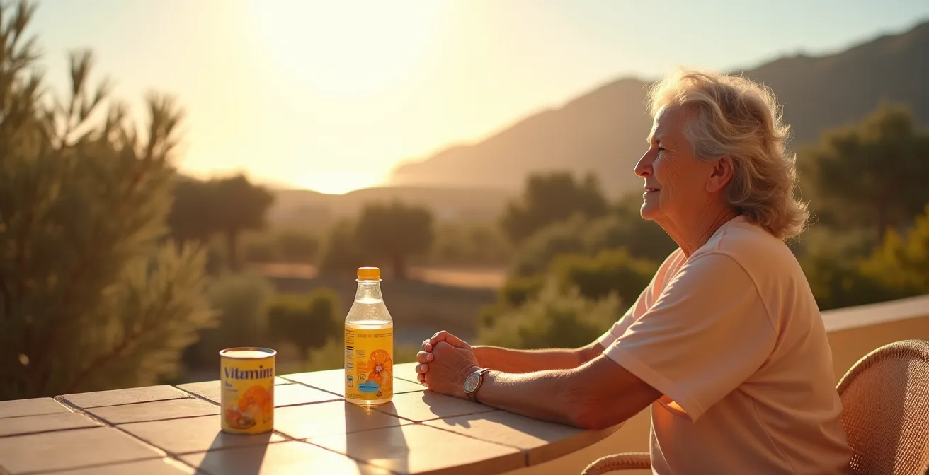 Persona mayor tomando el sol en una terraza de estilo mediterráneo junto a una mesa con alimentos ricos en vitamina D como huevos y pescado azul.