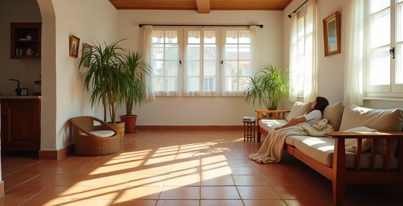 Persona mayor descansando estratégicamente en un sofá español tradicional durante la siesta