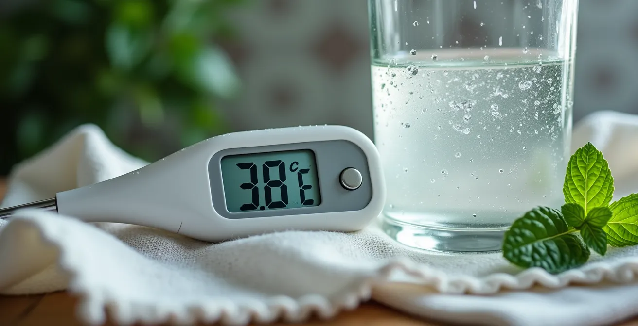 Primer plano de termómetro digital mostrando temperatura moderada con elementos naturales de alivio