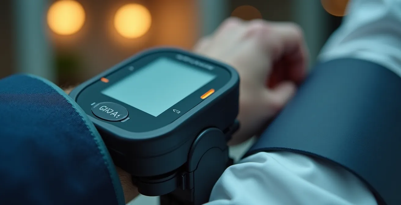 Profesional español con monitor Holter trabajando en oficina durante monitoreo