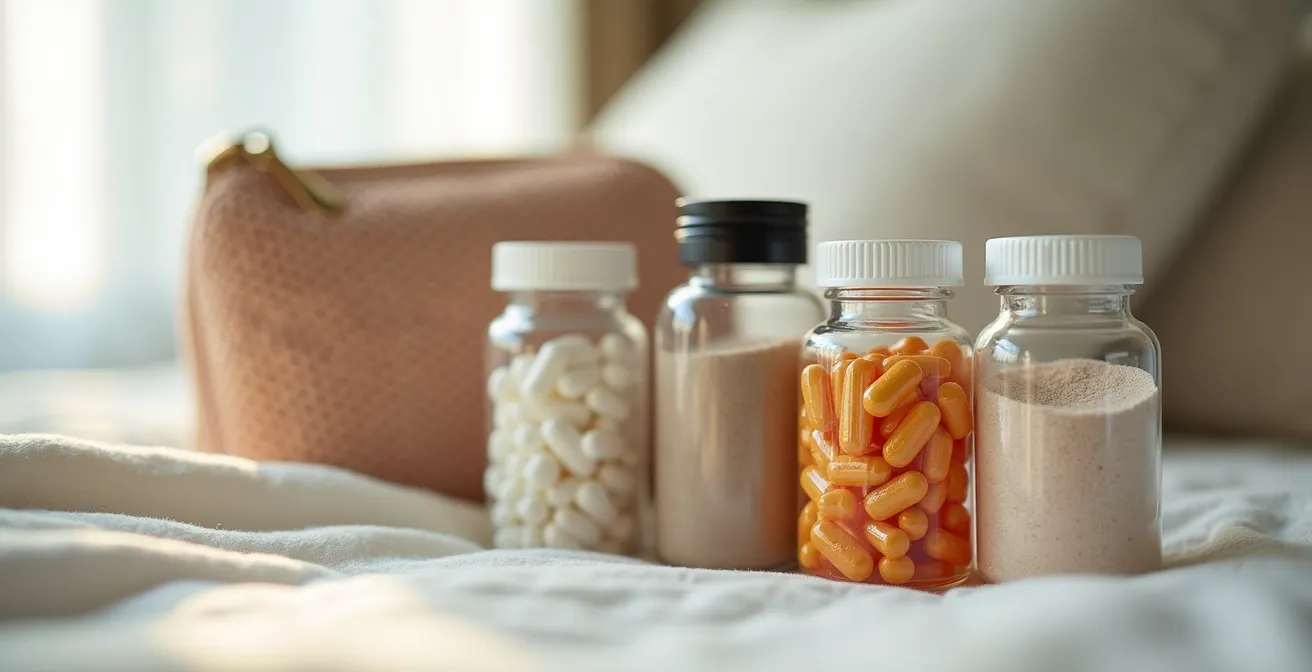 Kit de viaje con productos de salud y suplementos organizados de forma minimalista