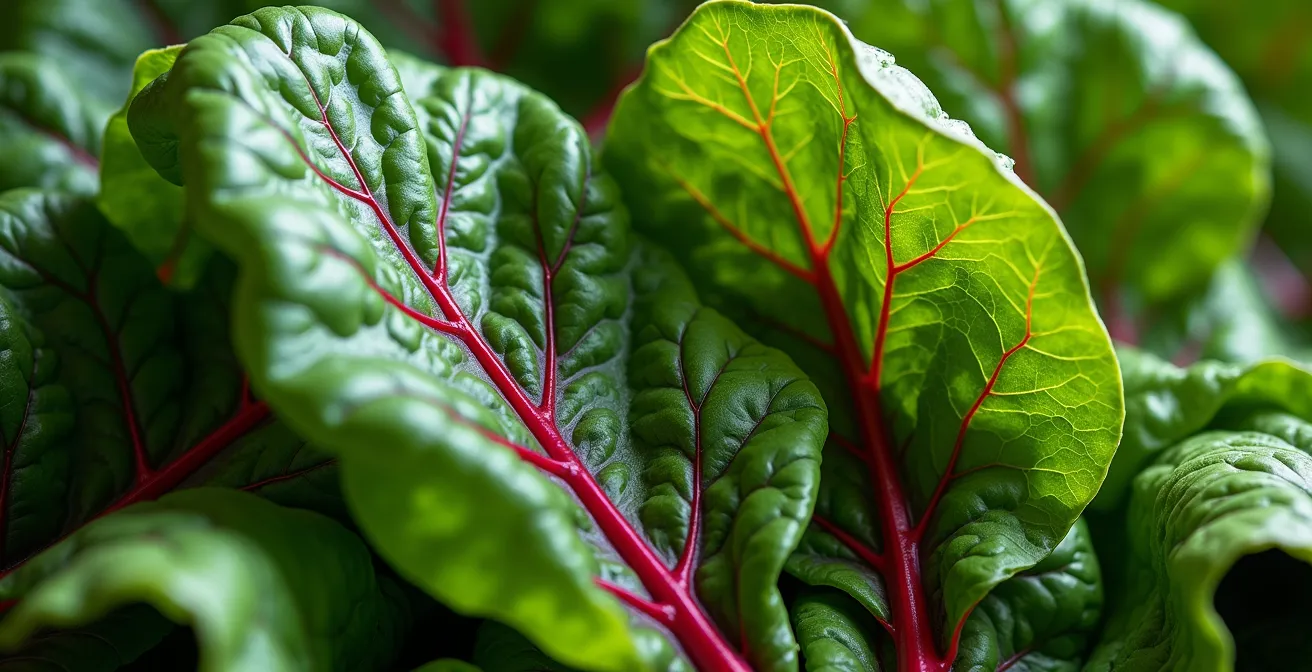 Detalle macro de las texturas y nervaduras de hojas de acelga y repollo fresco