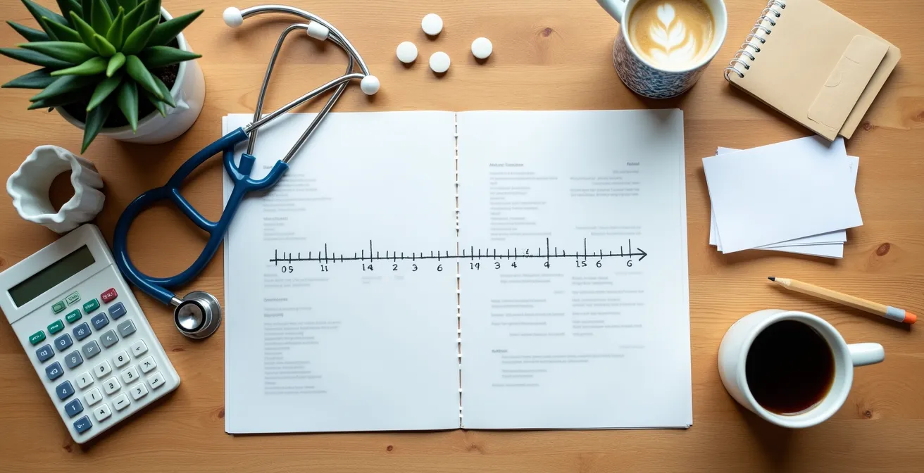 Vista cenital de escritorio con calendario médico y documentos administrativos separados, simbolizando la gestión dual del tiempo de recuperación