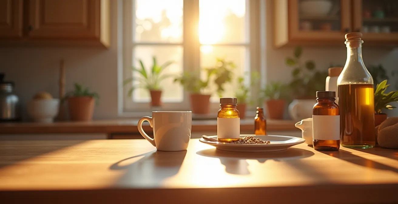 Mesa de cocina española con medicamentos organizados junto a los horarios típicos de comidas