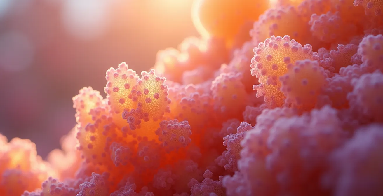 Vista macro de flora intestinal representada como ecosistema microscópico mostrando el equilibrio bacteriano