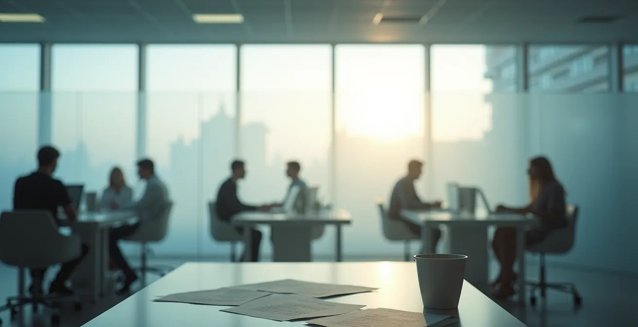 Ambiente de oficina difuminado simbolizando la confusión mental y la niebla cognitiva en un entorno laboral.