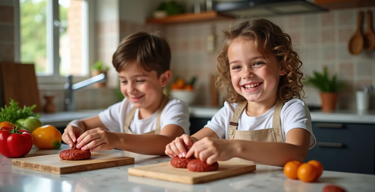 Niños preparando hamburguesas de lentejas en cocina familiar española