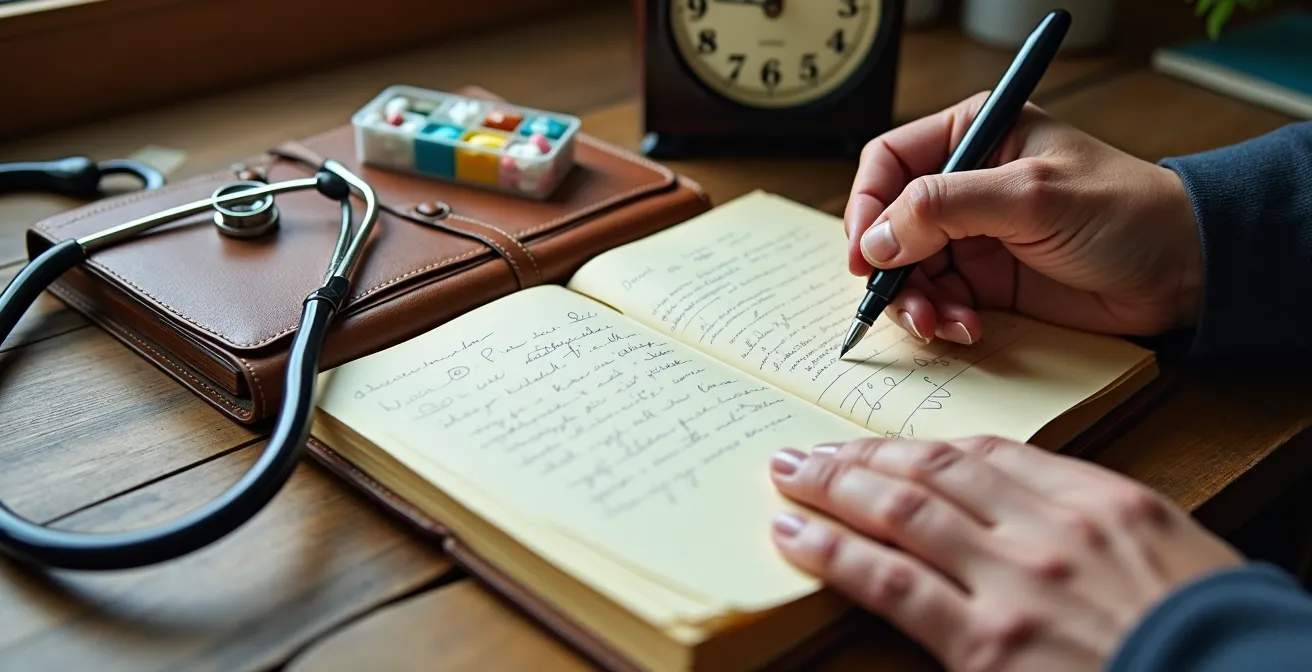 Paciente documentando síntomas en diario médico para facilitar diagnóstico de enfermedad rara