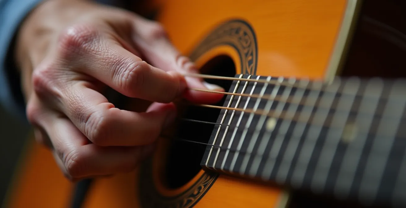 Manos de persona mayor aprendiendo guitarra flamenca con detalle de cuerdas y trastes