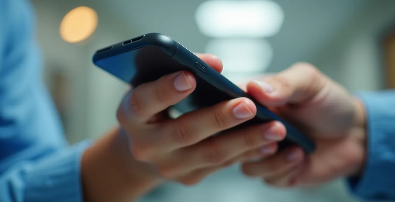 Manos sosteniendo un teléfono móvil mostrando una interfaz abstracta de salud