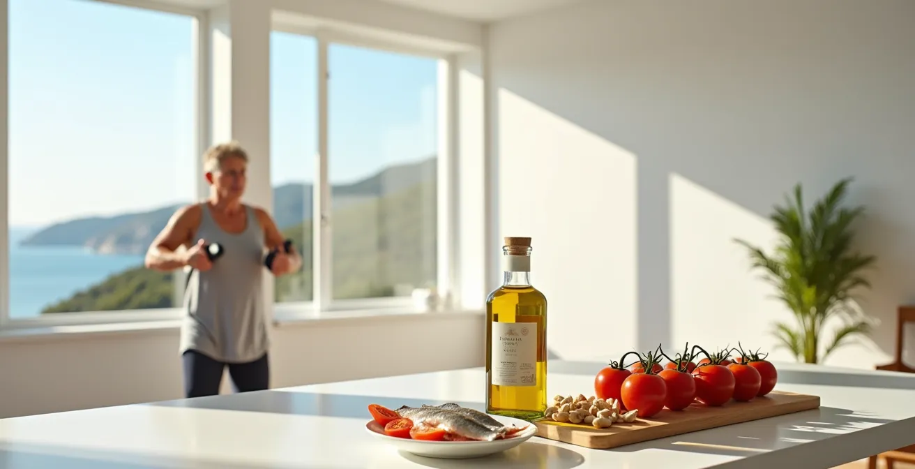 Paciente realizando ejercicios de prehabilitación con alimentos mediterráneos de fondo