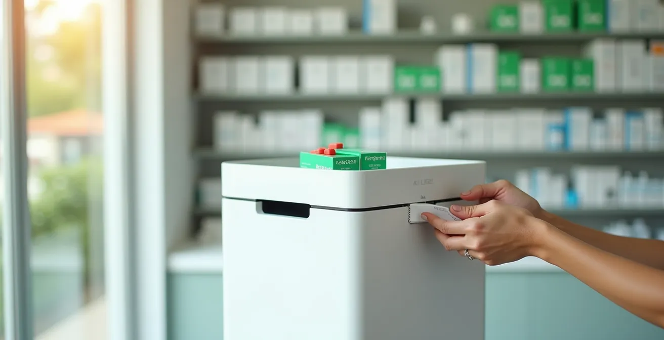 Contenedor blanco SIGRE en farmacia con manos depositando medicamentos caducados de forma responsable