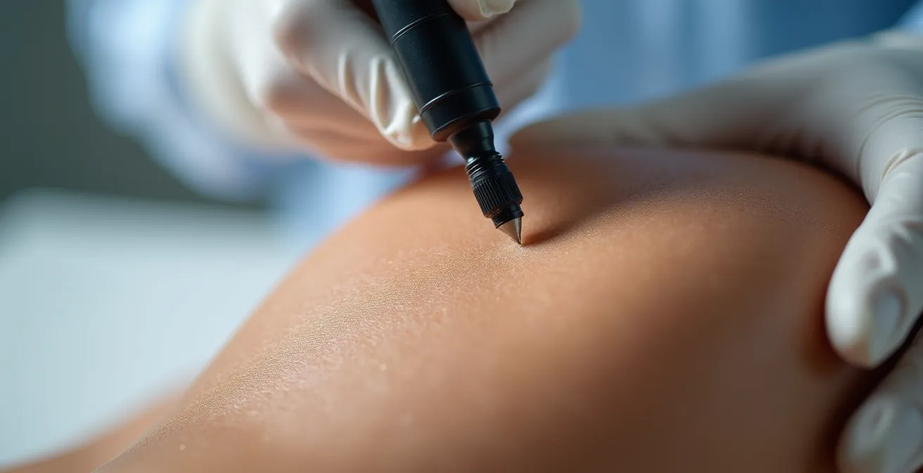 Examen dermatológico profesional con dermatoscopio para evaluar un lunar siguiendo la regla ABCDE.