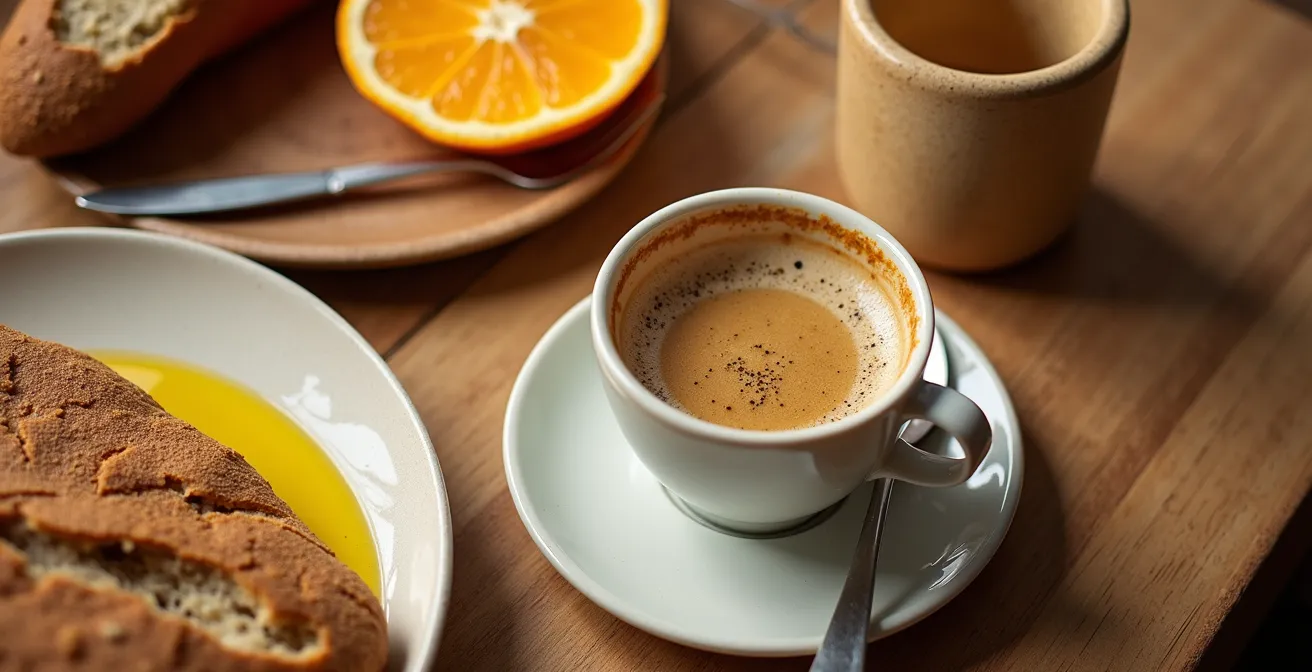 Mesa de desayuno español minimalista y organizada, simbolizando una rutina matinal simplificada.
