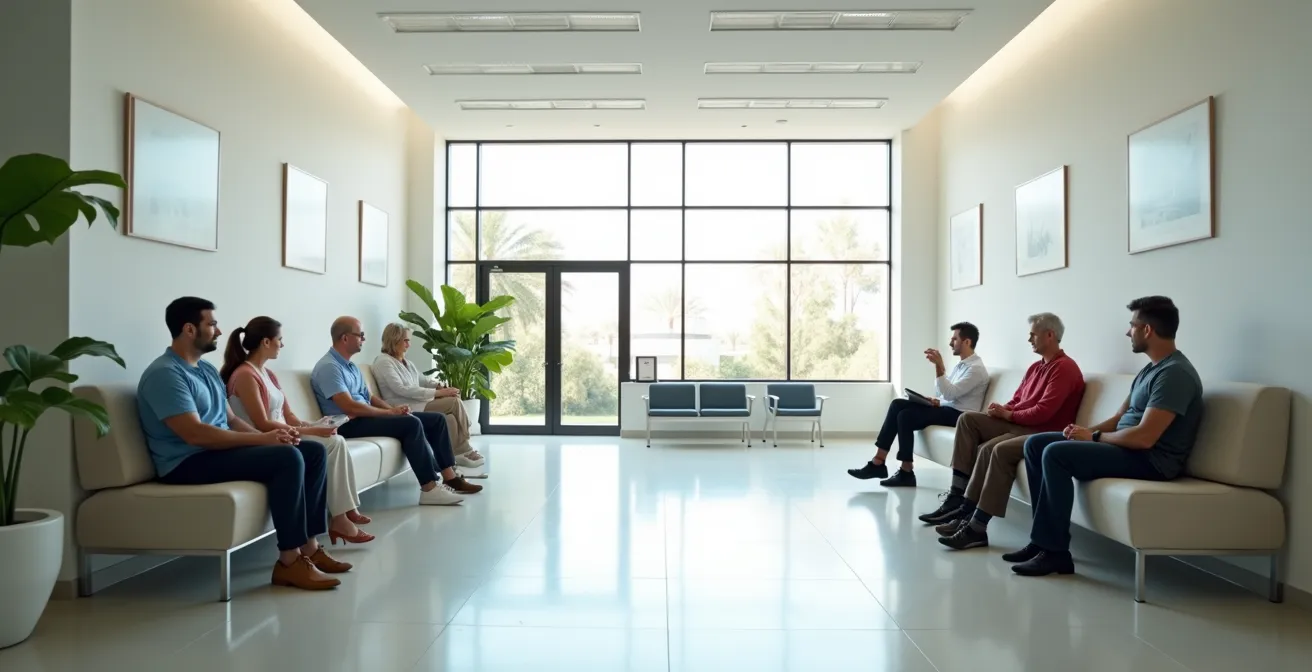 Vista amplia de una sala de espera hospitalaria española con personas esperando pacientemente