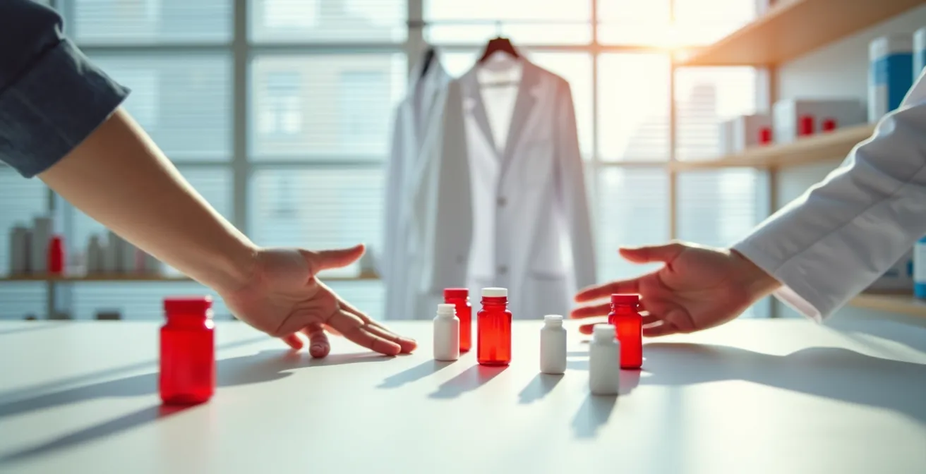 Manos rechazando ofertas dudosas de tratamientos milagrosos con señales de alerta visuales