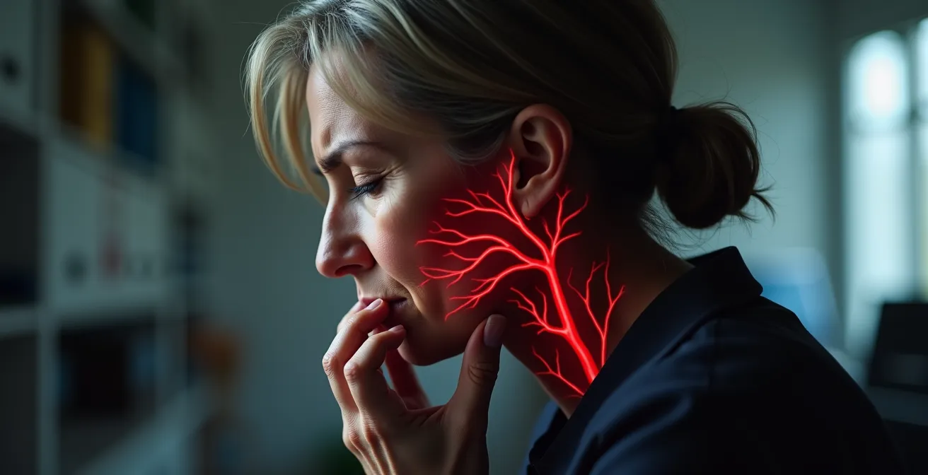 Mujer profesional española experimentando síntomas atípicos de infarto en oficina