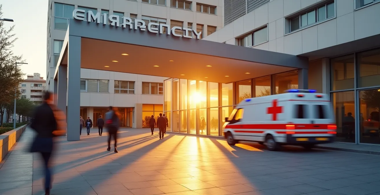Vista exterior de hospital español moderno con señalización de urgencias