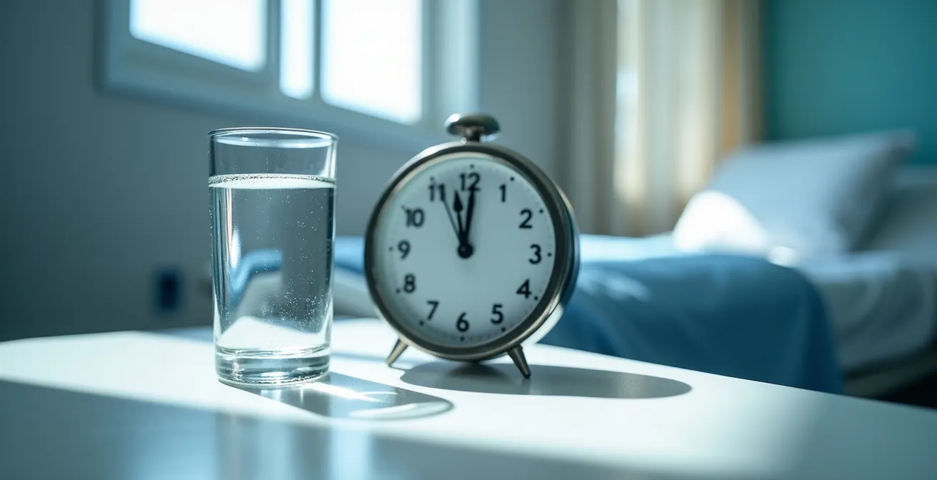 Detalle de un vaso de agua cristalino junto a un reloj de pared mostrando el tiempo de ayuno preoperatorio