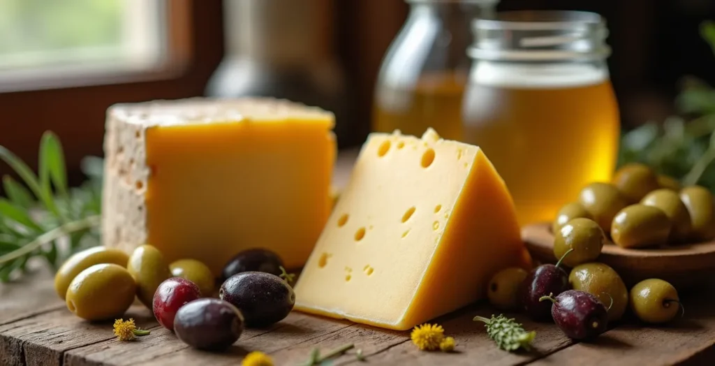 Una mesa rústica con una variedad de alimentos fermentados tradicionales españoles, como aceitunas, queso manchego y encurtidos.